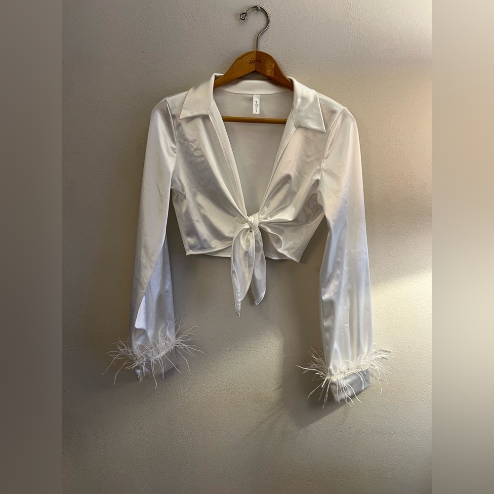 Elegant White Tie-Front Blouse with Feather Cuffs